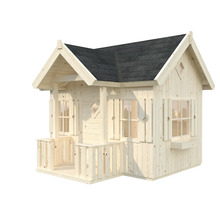 Lekstuga i trä med veranda och fönsterluckor