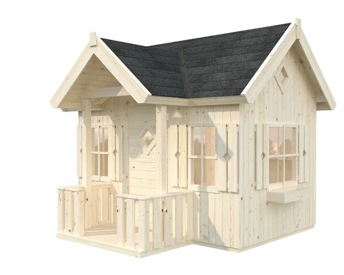 Lekstuga i trä med veranda och fönsterluckor