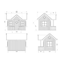 Teknisk ritning av ett trädgårdshus med mått.