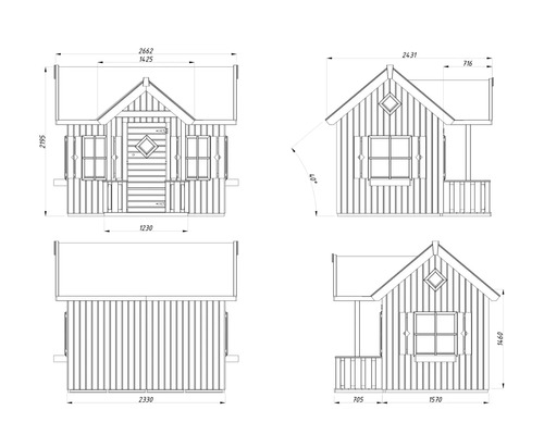 Teknisk ritning av ett trädgårdshus med mått.