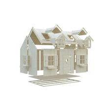 Byggsats för en obehandlad lekstuga i trä med fönster och dörr