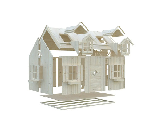 Byggsats för en obehandlad lekstuga i trä med fönster och dörr