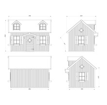 Teknisk ritning av ett trädgårdshus med dimensioner