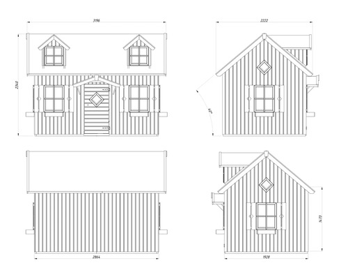 Teknisk ritning av ett trädgårdshus med dimensioner