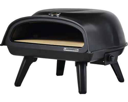 Svart pizzaugn med träbräda och ben