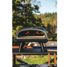 Vedeldad pizzaugn på ett bord utomhus.