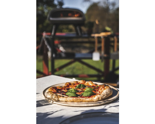 Pizza med basilika på träbräda framför pizzaugn utomhus