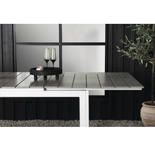 Trädgårdsbord med grå bordsskiva, vit ram, dekoration och växt