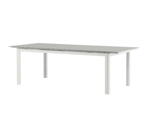 Trädgårdsbord med grå bordsskiva och vit ram.