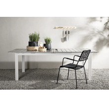 Trädgårdsscen med matbord, stol och trädgårdsredskap på en vägg