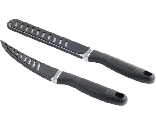 Två svarta filéknivar med slitsar