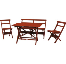 Trädgårdsmöbelset i trä med bord, bänk och två stolar