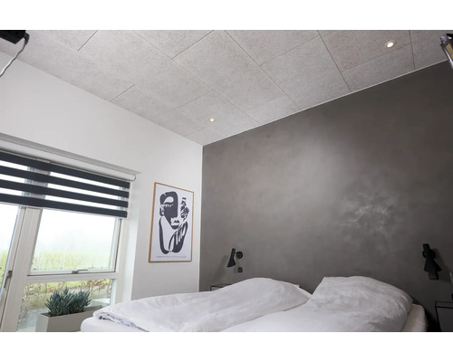 Sovrum med takpaneler, fönster med rullgardin och säng