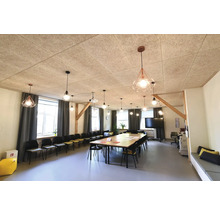 Konferensrum med akustiktak av träull, bord, stolar och taklampor