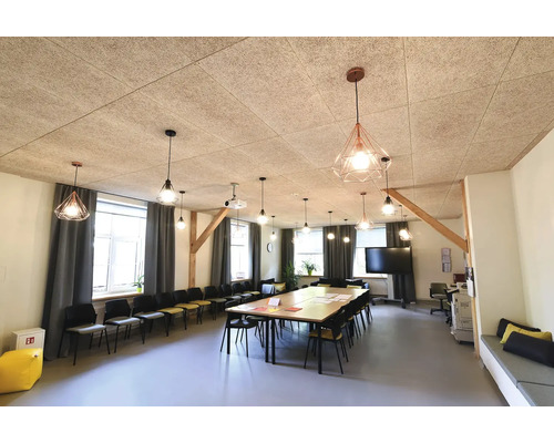 Konferensrum med akustiktak av träull, bord, stolar och taklampor