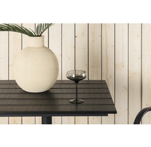 Dekorativ scen med växt i vas och dricksglas på ett bord.