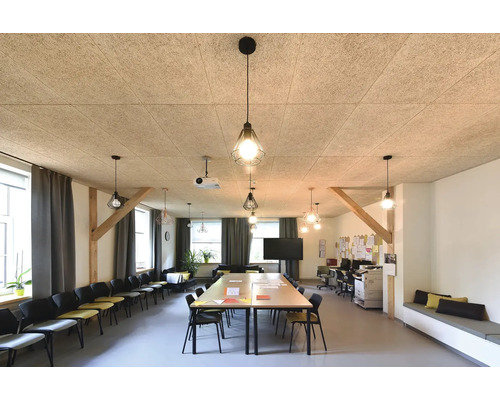 Ljust konferensrum med takpaneler, lampor och träbjälkar