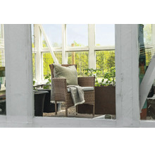 Trädgårdsscen med rottingfåtölj, kudde och växter i växthuset.