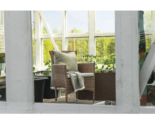 Trädgårdsscen med rottingfåtölj, kudde och växter i växthuset.