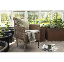 Trädgårdsscen med rottingfåtölj, kudde och blomlådor i växthuset