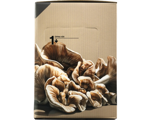 Förpackning med bild av svampar och texten 'Öppna här', vilket betyder 'Öppna här'.