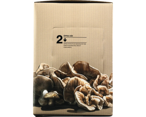 Förpackning för svampodlingssats med inskriptionen: Öppna här