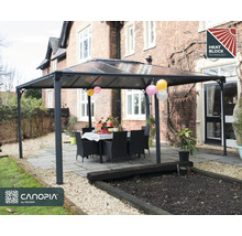 Monterat lusthus med bord och stolar i trädgården med Heat Block Technology-sigill