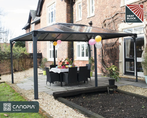 Monterat lusthus med bord och stolar i trädgården med Heat Block Technology-sigill