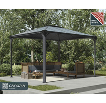 Trädgårdsscen med ett lusthus inklusive Heat Block-teknologi och Canopia by Palram-logotypen.