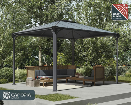 Trädgårdsscen med ett lusthus inklusive Heat Block-teknologi och Canopia by Palram-logotypen.