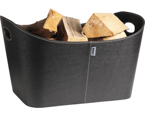 Vedkorg i textilmaterial fylld med ved