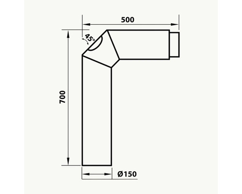 Teknisk ritning av en vinkelprofil med måtten 700, 500, 150 diameter och en vinkel på 45 grader.
