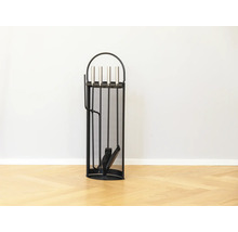 Eldställ i metall med skyffel, borste, eldgaffel och tång