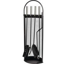 Eldställ med skyffel, borste, eldgaffel och tång i hållare