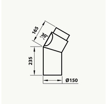 Teknisk ritning av en rörböj med måtten 165, 235 och diameter 150.