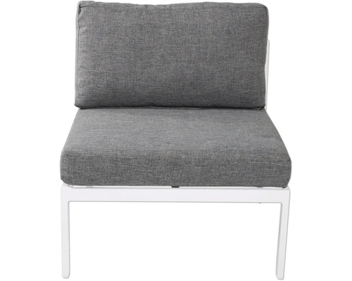 Enkel trädgårdsfåtölj med grå dyna och vit ram