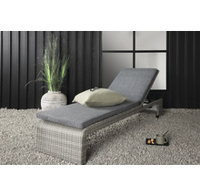 Trädgårdsscen med en grå solstol med dyna, en kudde och en krukväxt