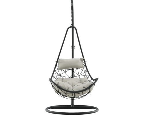 Hängfåtölj med ställning och grå kuddar