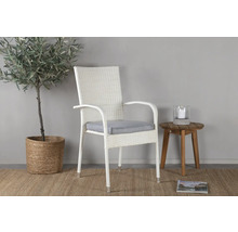 Flätad karmstol med sittdyna bredvid bord och växt