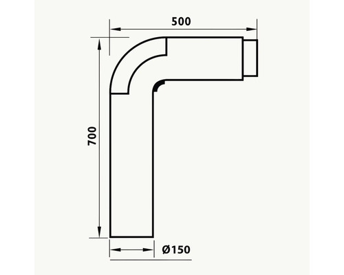 Teknisk ritning av en rörböj med måtten 500, 700 och diameter 150.