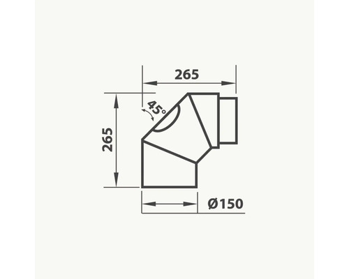 Teknisk ritning av en rörböj med måtten 265 mm, 45 grader och en diameter på 150 mm