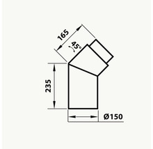 Teknisk ritning av en 45-graders vinkel med måtten 165, 235 och diameter 150.