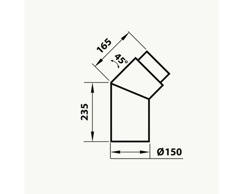 Teknisk ritning av en 45-graders vinkel med måtten 165, 235 och diameter 150.
