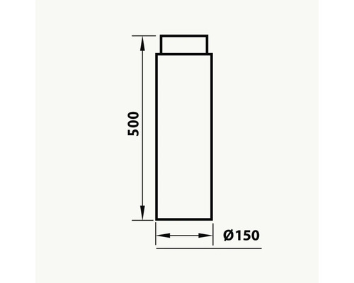 Teknisk ritning med mått: höjd 500 mm, diameter 150 mm