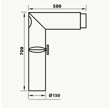 Teknisk ritning av en hörnhylla med måtten 500, 700 och diameter 150.
