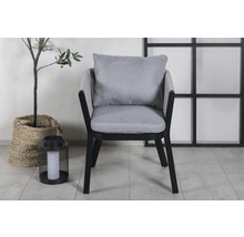 Fåtölj med armstöd, kudde och svart ram bredvid en lykta och en växt