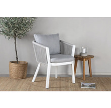 Trädgårdsscen med vit fåtölj, sidobord, krukväxt och matta