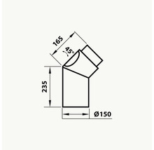 Teknisk ritning av ett 45-graders böj med måtten 165 mm, 235 mm och en diameter på 150 mm.