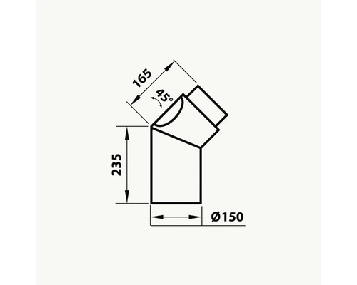 Teknisk ritning av ett 45-graders böj med måtten 165 mm, 235 mm och en diameter på 150 mm.