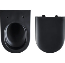 Svart vägghängd toalett med toalettlock